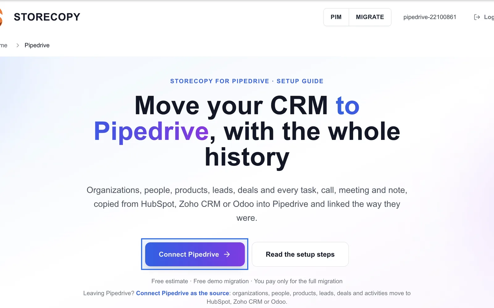 StoreCopy Pipedrive setup page with the Connect Pipedrive button highlighted