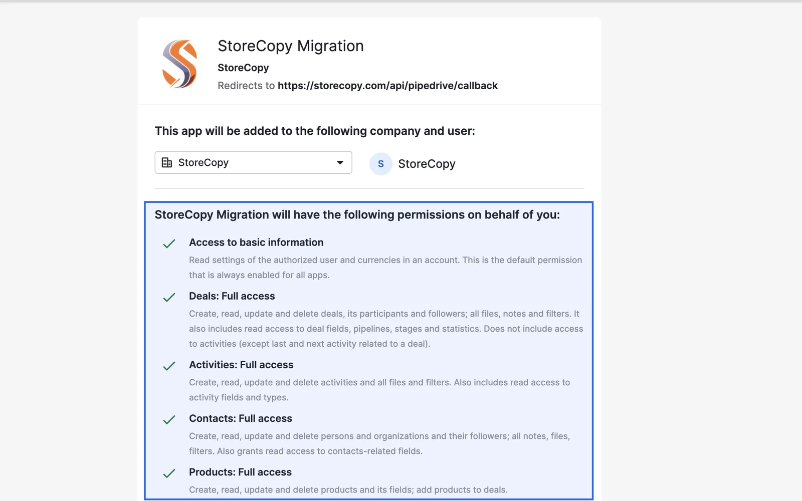 Pipedrive authorization screen listing the StoreCopy Migration permissions for deals, activities, contacts and products