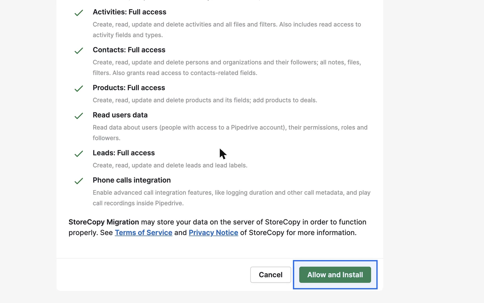 End of the Pipedrive permissions list with the Allow and Install button highlighted