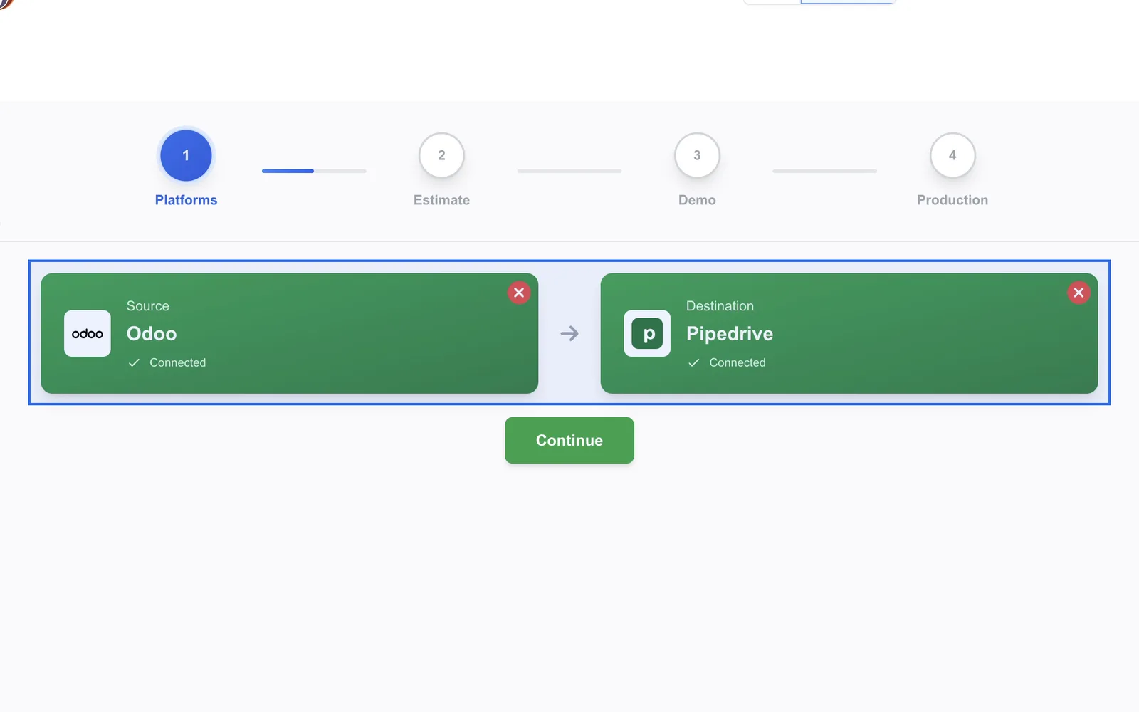StoreCopy wizard with Odoo connected as the source and Pipedrive as the destination, both cards highlighted