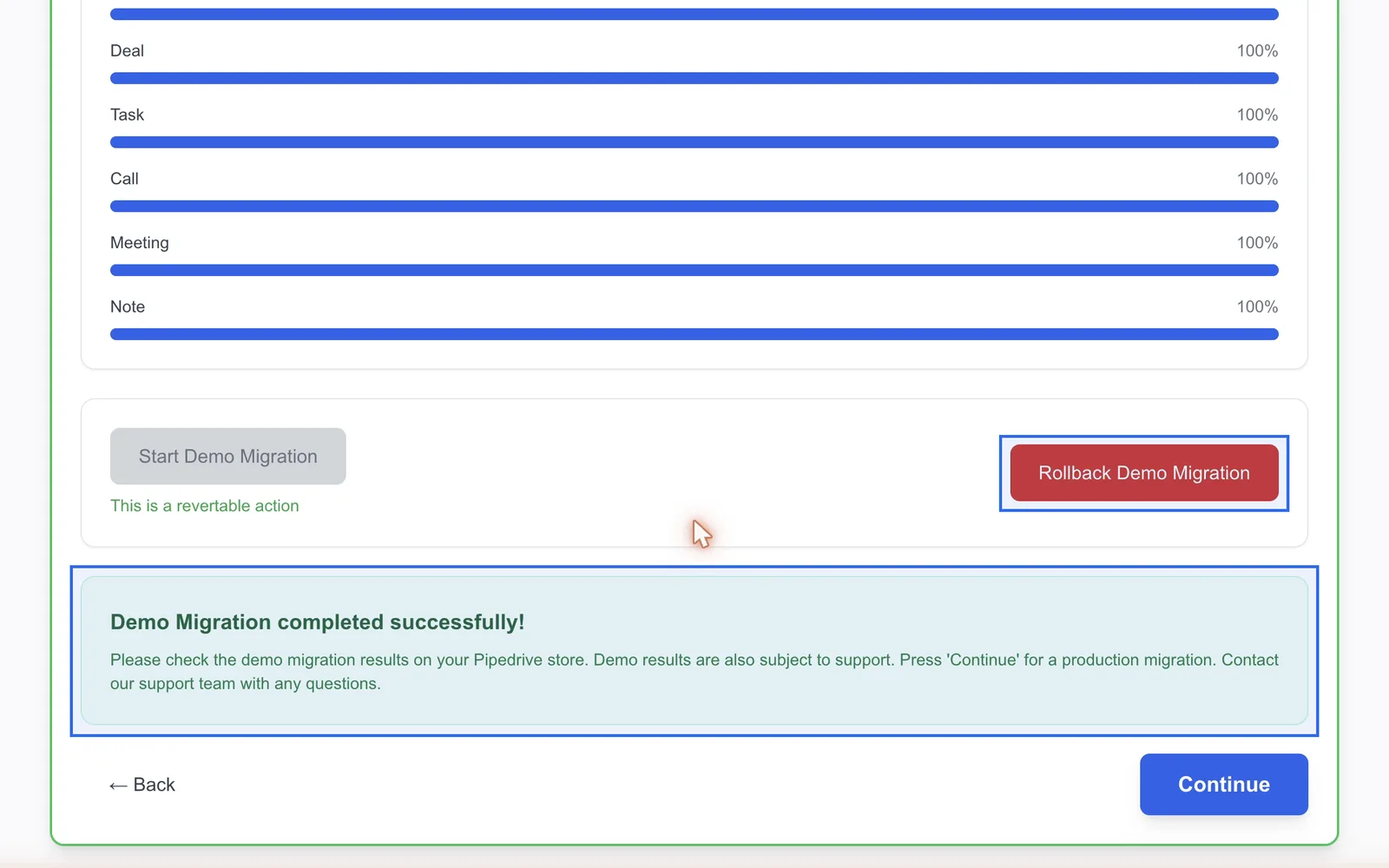 Demo migration at 100 percent for every record type with the Rollback Demo Migration button and the success message highlighted