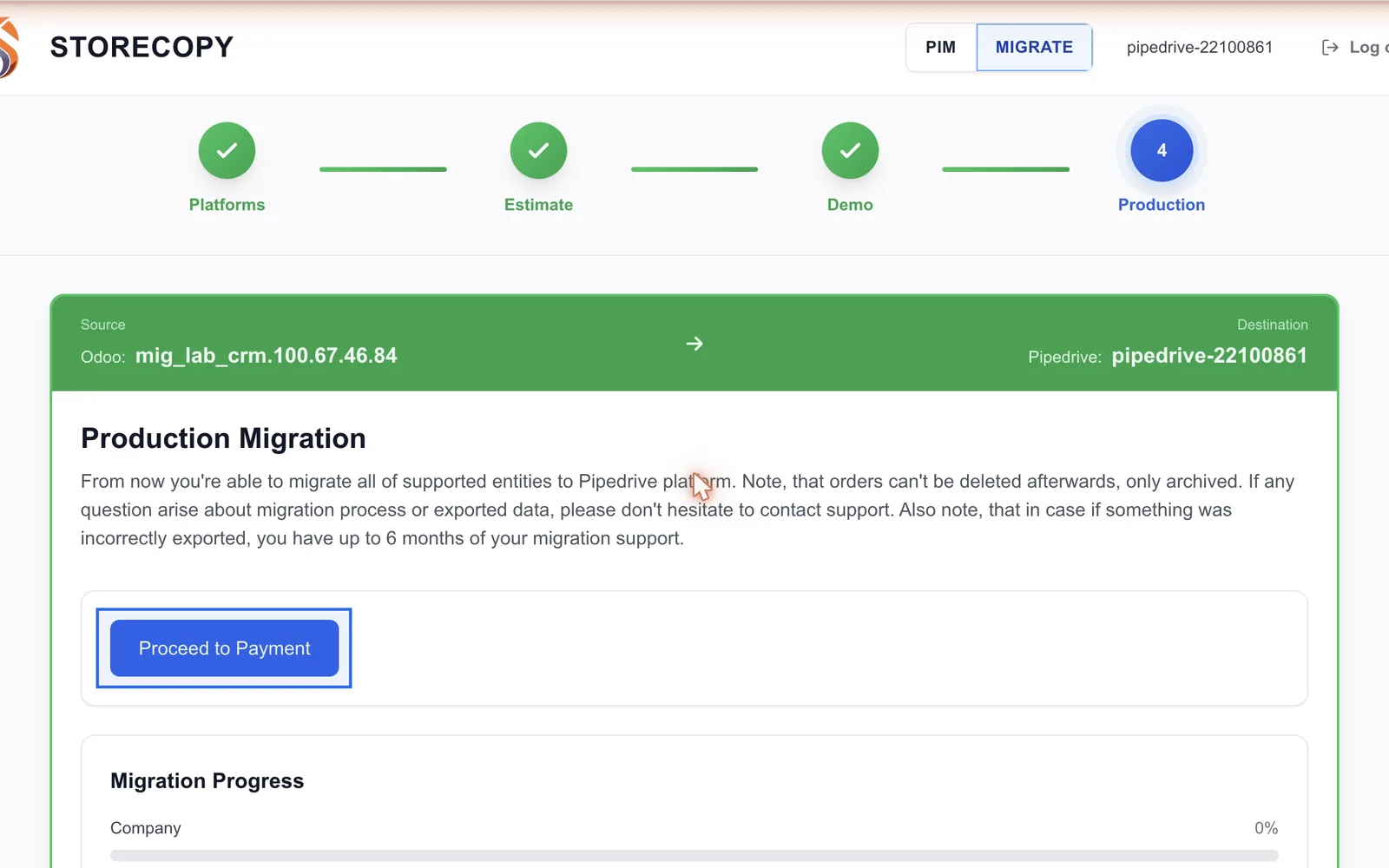 StoreCopy production migration step with the Proceed to Payment button highlighted
