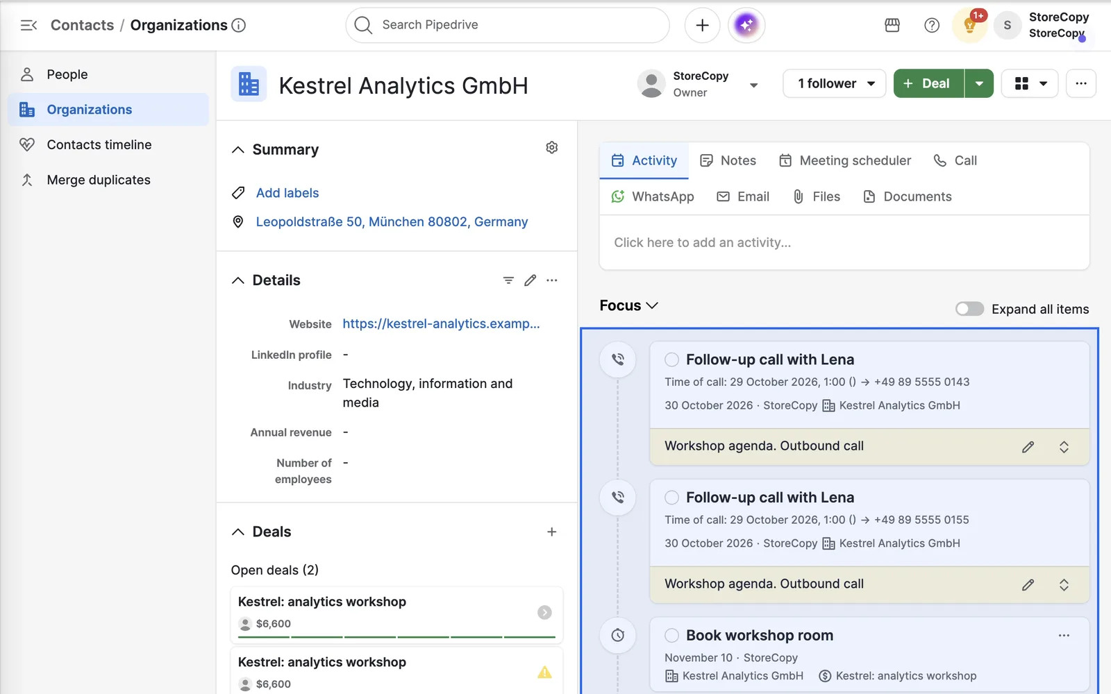 Kestrel Analytics GmbH organization in Pipedrive with its migrated calls and tasks highlighted in the activity timeline