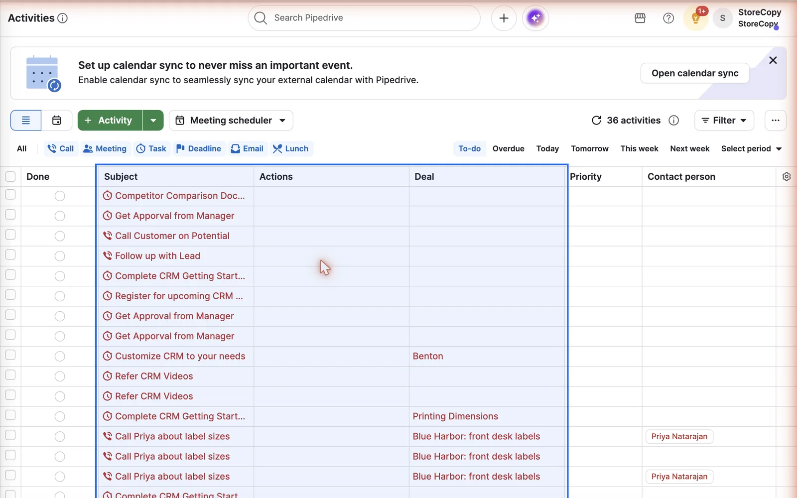 Pipedrive activities list with migrated calls and tasks and their deals highlighted