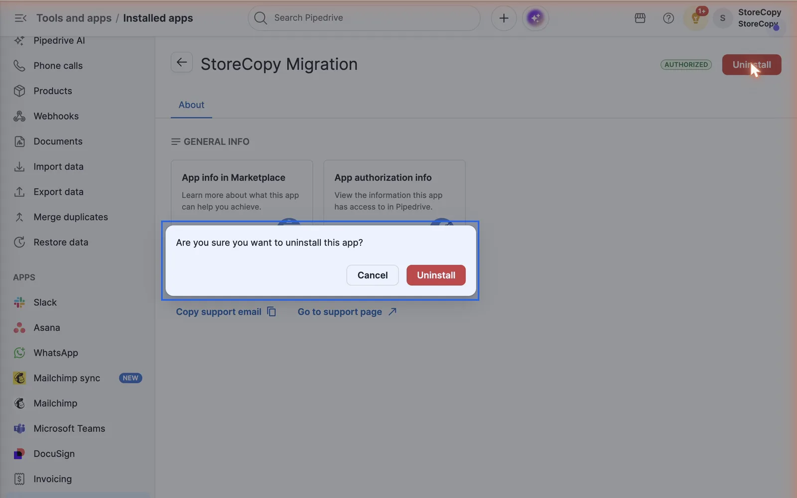 Pipedrive Installed apps screen with the uninstall confirmation for StoreCopy Migration highlighted