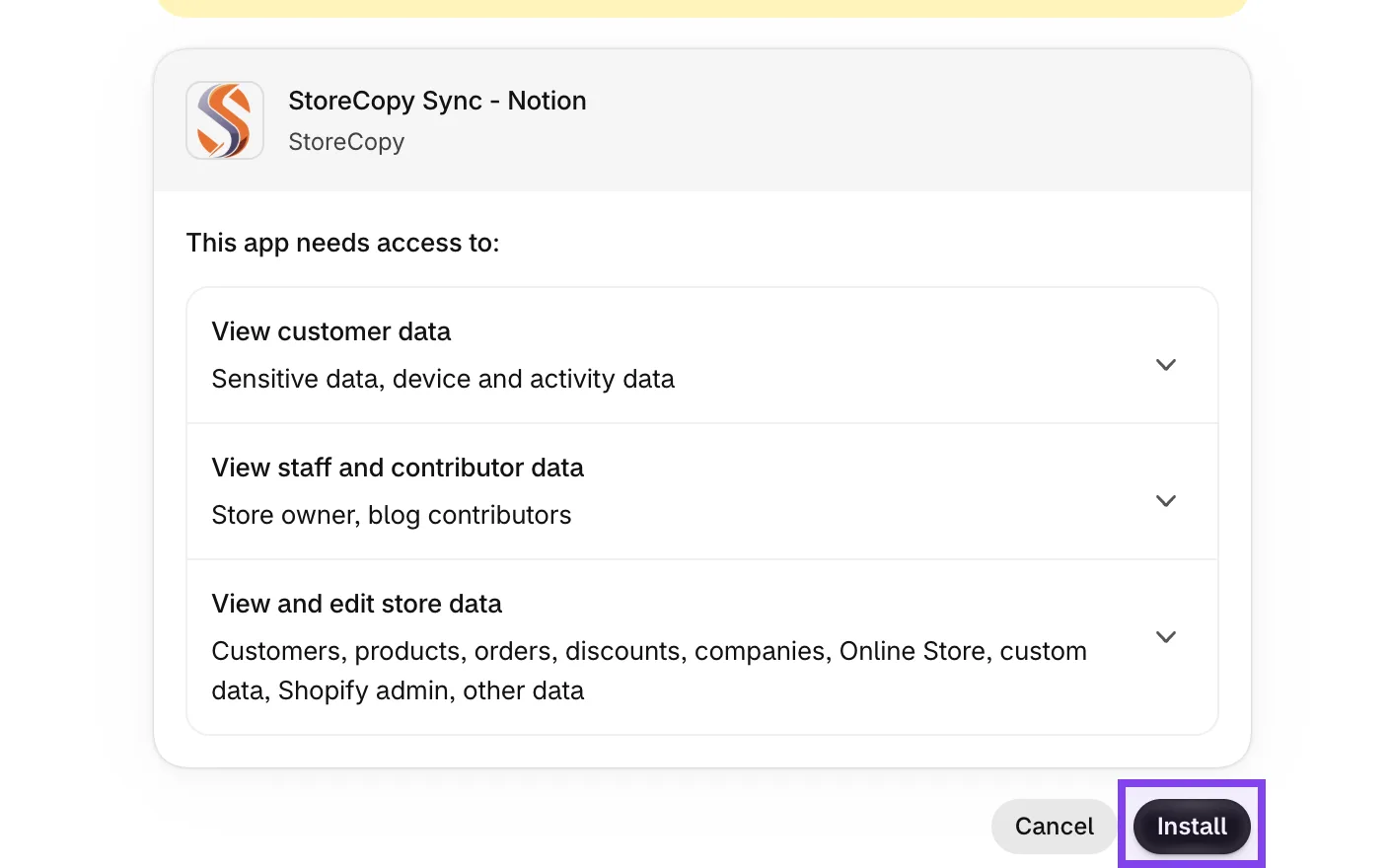 Shopify install screen for StoreCopy Sync - Notion with the Install button highlighted