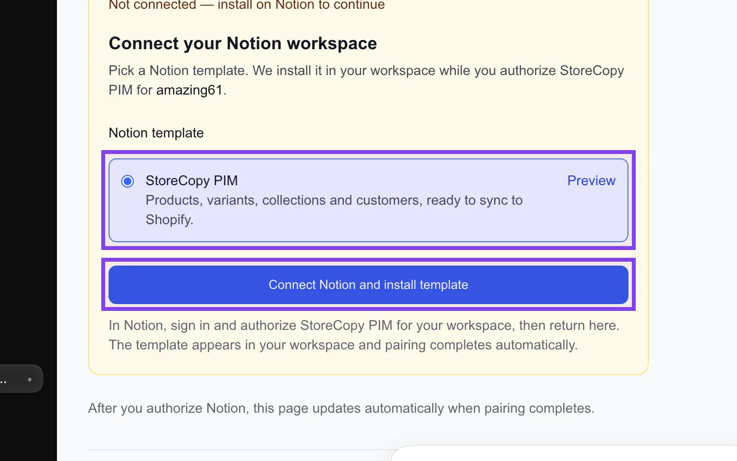 StoreCopy app in Shopify with the StoreCopy PIM template and the Connect Notion and install template button highlighted
