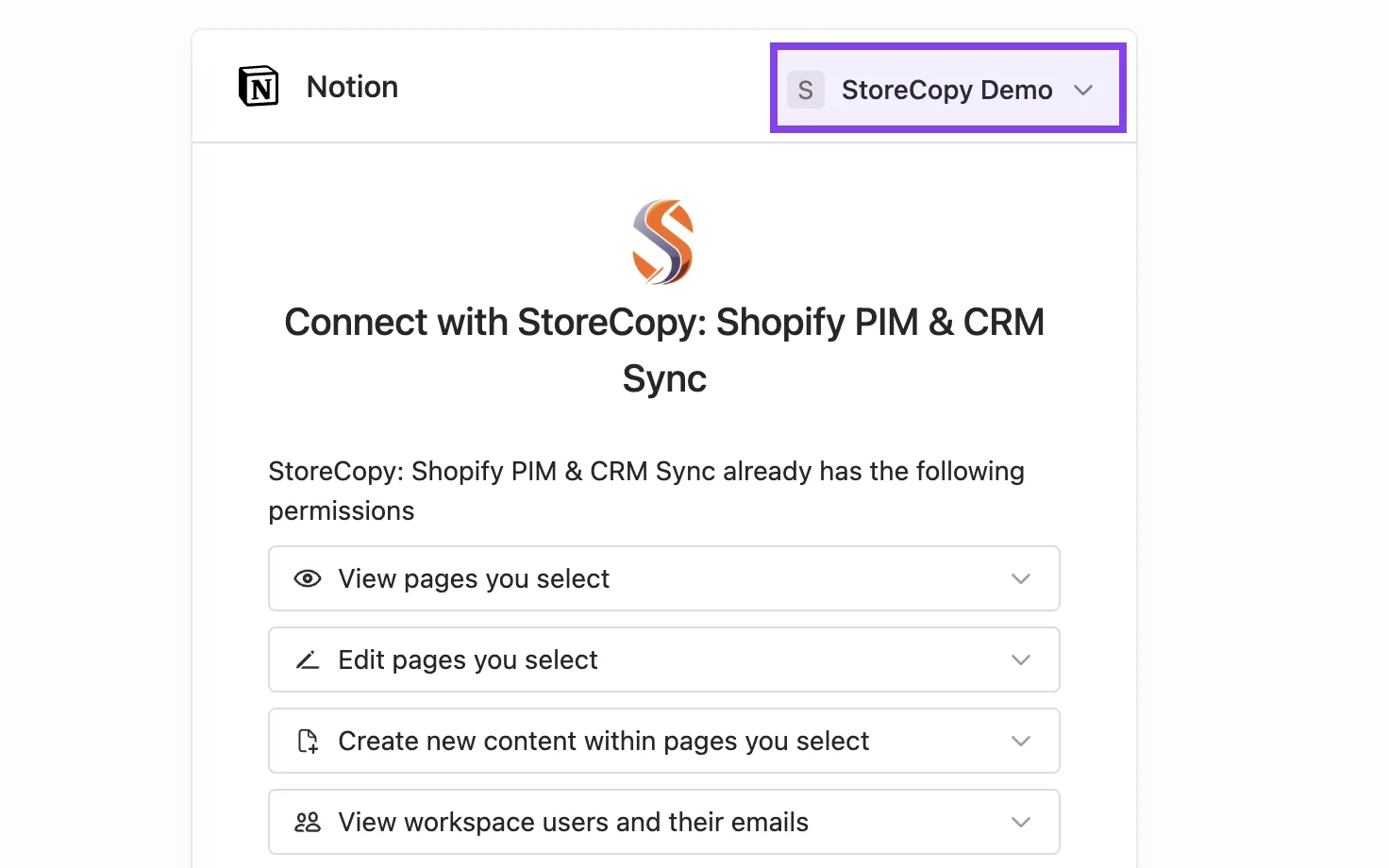 Notion connection screen with the workspace picker set to StoreCopy Demo