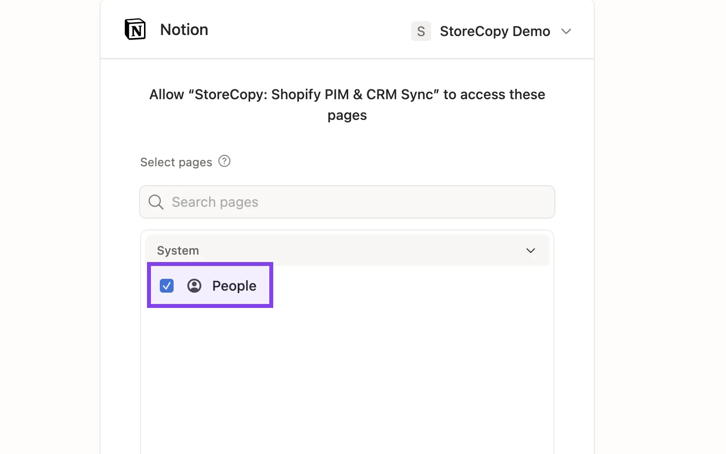 Notion page access screen with the People page ticked and the Allow access button highlighted