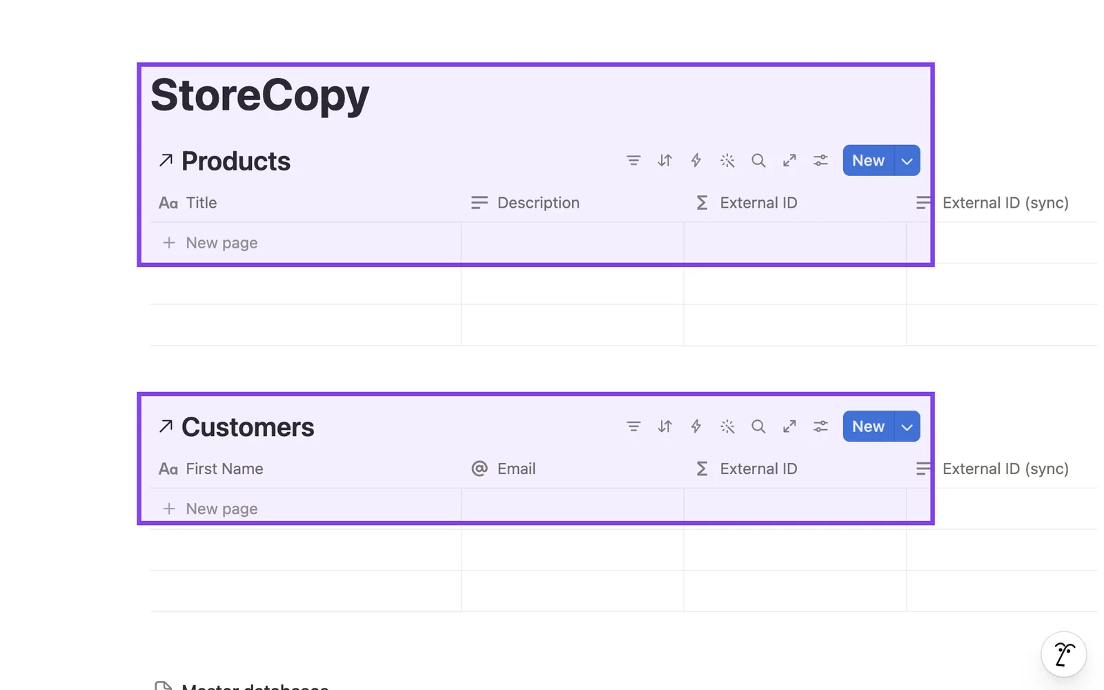 New StoreCopy page in Notion with the Products and Customers databases highlighted