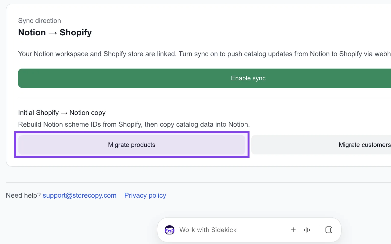 StoreCopy app in Shopify with the Migrate products button highlighted