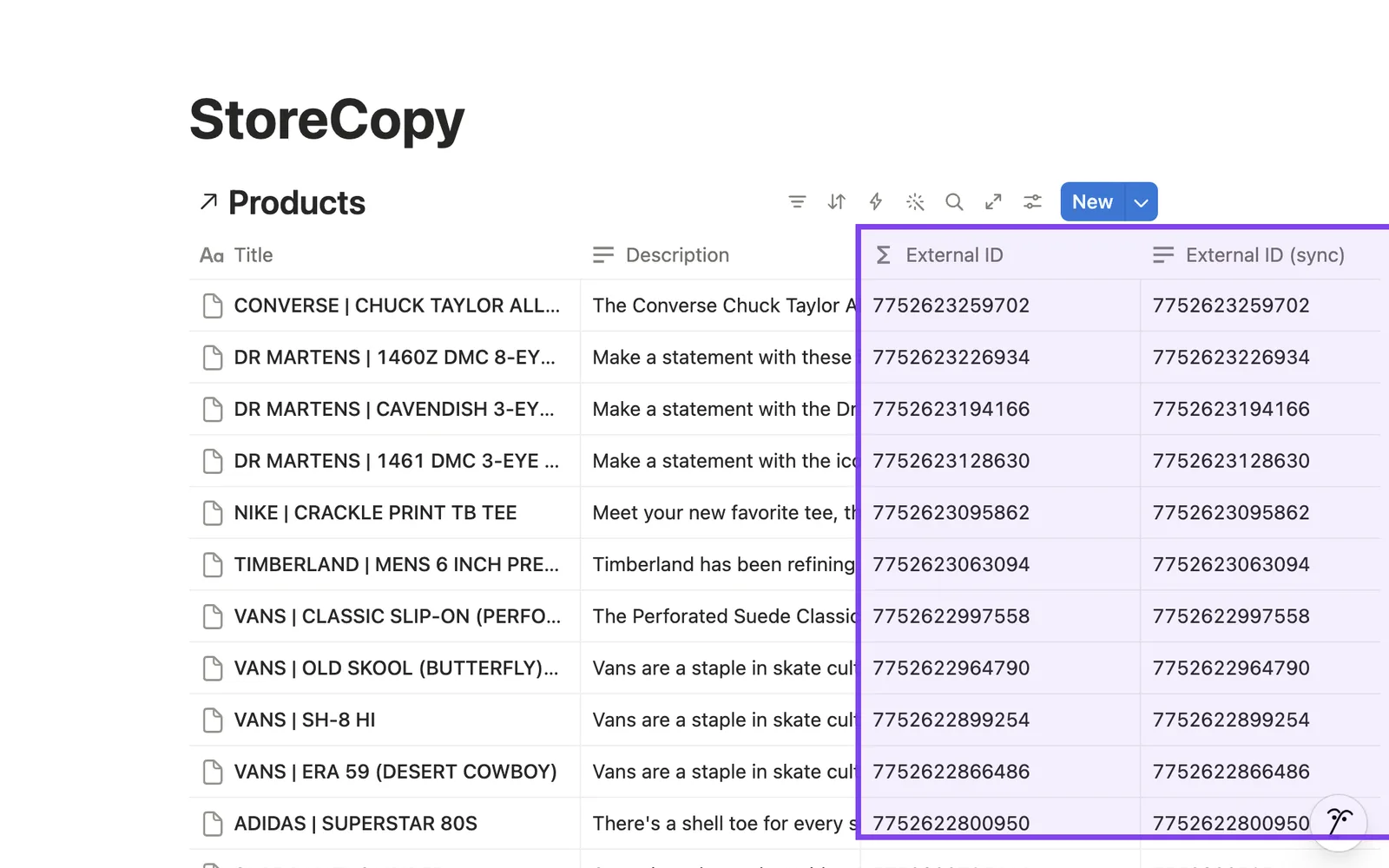 Notion Products database filled with migrated Shopify products and their External IDs highlighted