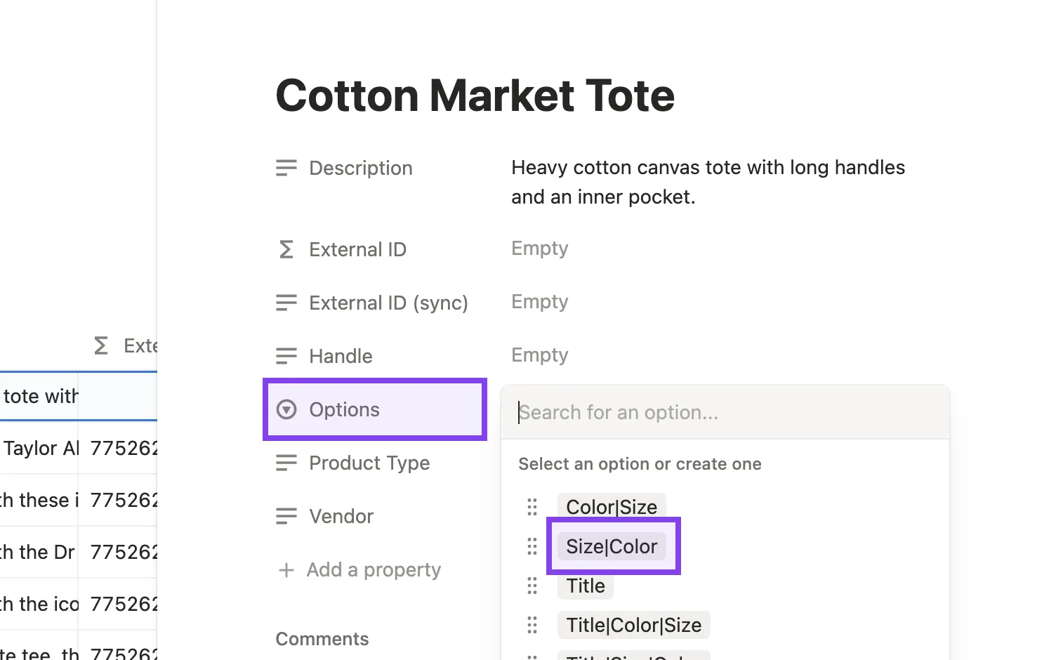 Cotton Market Tote in Notion with the Options picker open and Size|Color highlighted