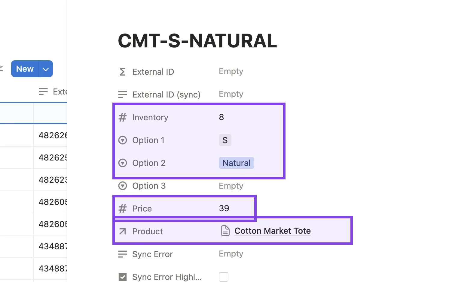 CMT-S-NATURAL variant in Notion with inventory, options, price and product link highlighted