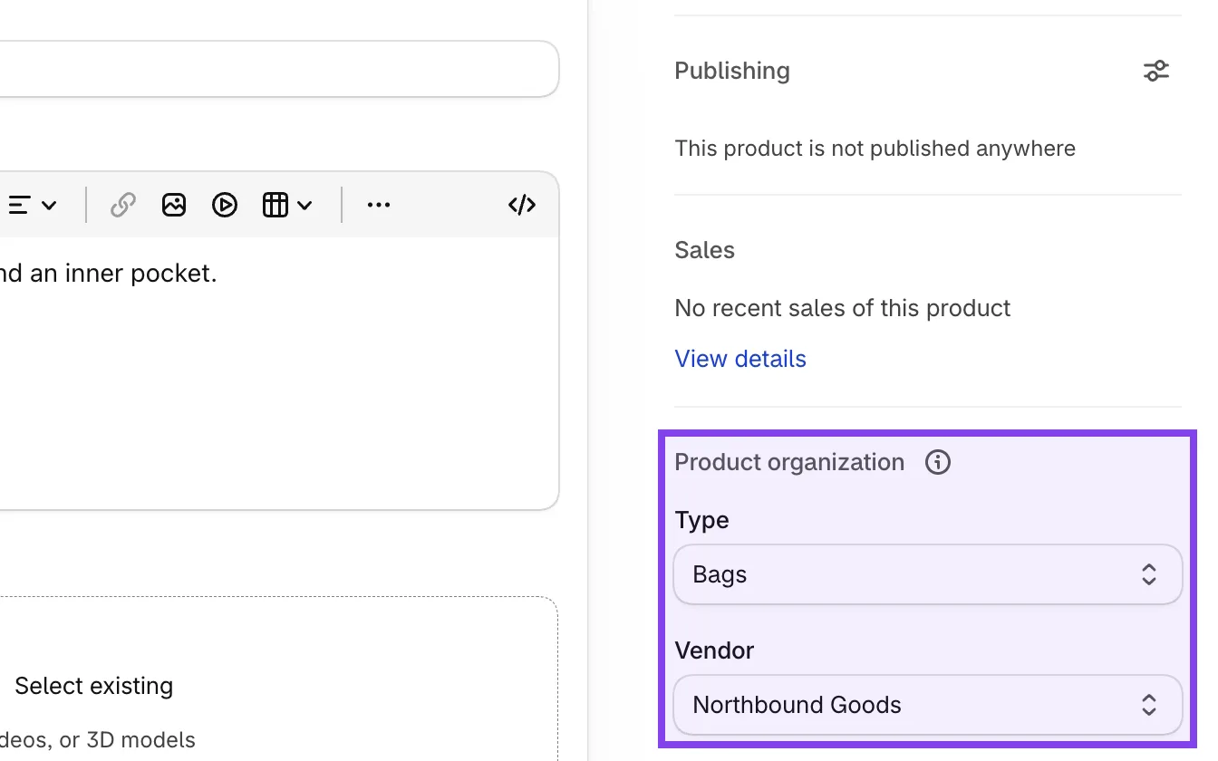 Shopify product organization panel showing Type Bags and Vendor Northbound Goods highlighted