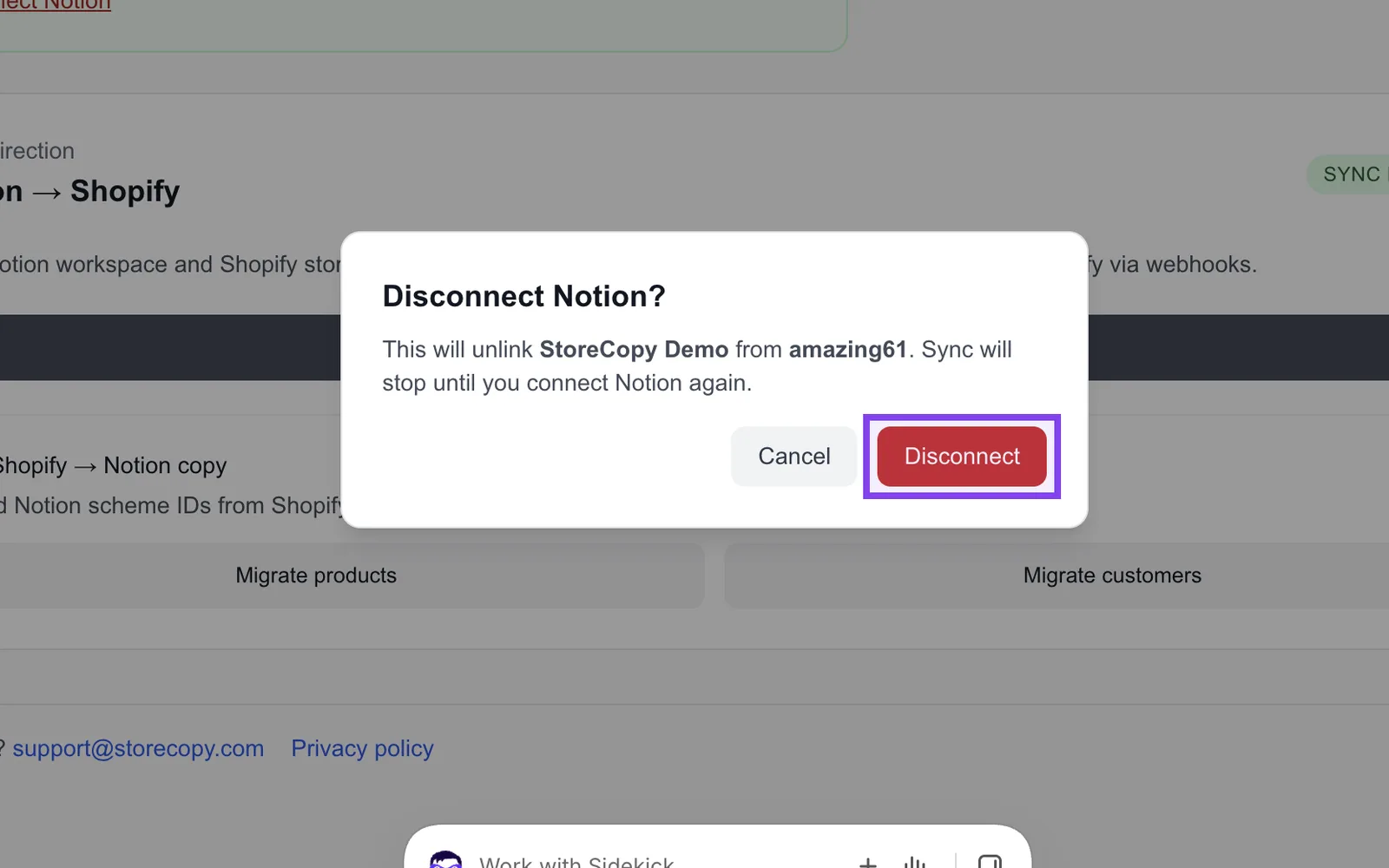 Disconnect Notion confirmation dialog with the Disconnect button highlighted
